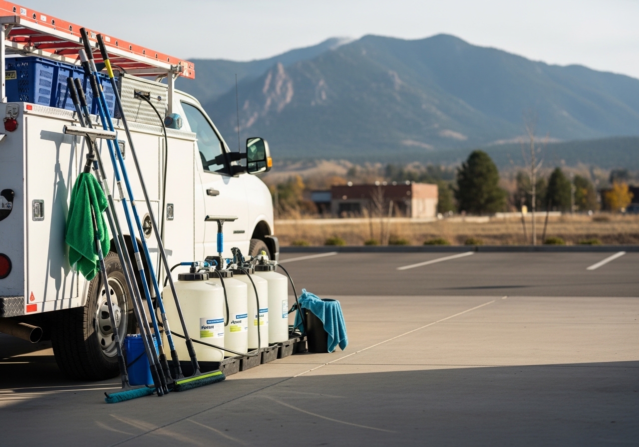 Professional window cleaning crew with equipment and purified water system setup, ready for residential and commercial jobs.