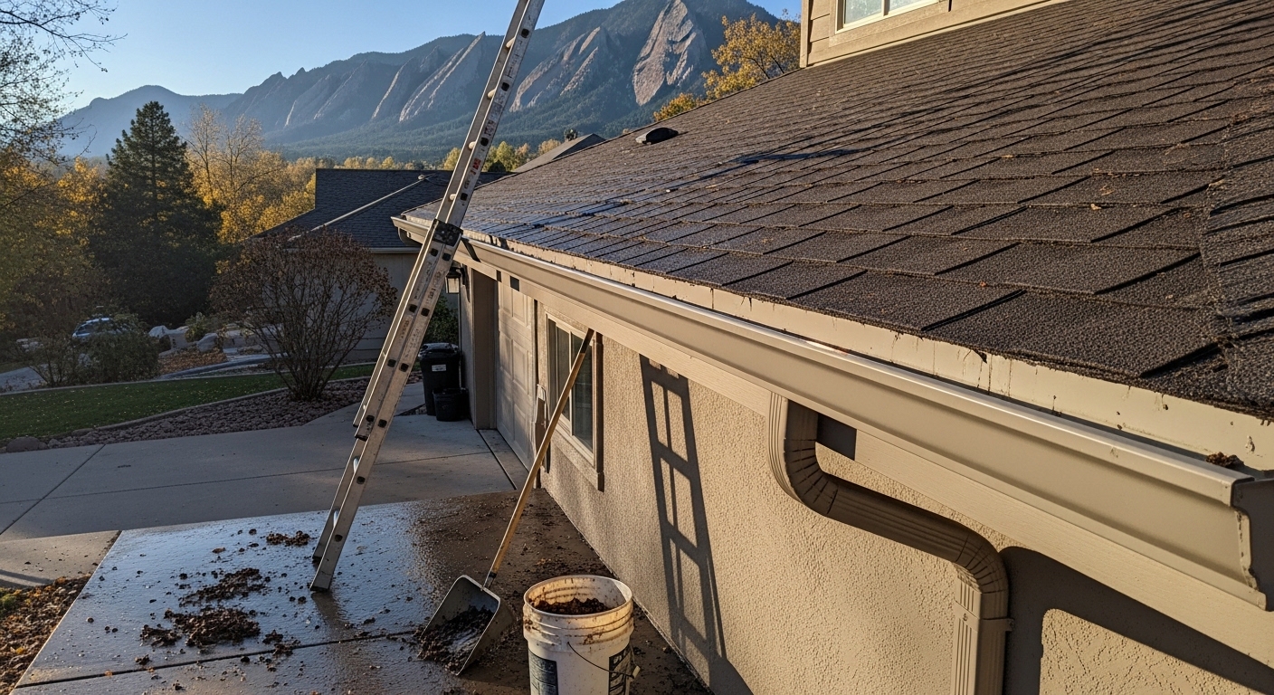Clean gutters on residential home with mountain backdrop in Boulder, Colorado