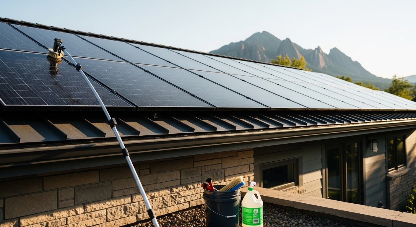 Clean solar panels on residential roof with Colorado mountains in background
