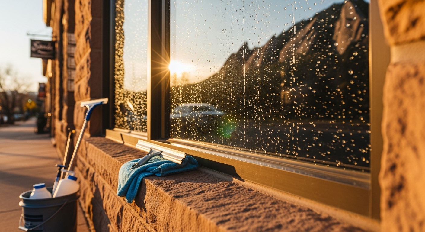 Clean residential windows with mountain views visible through crystal-clear glass in Boulder, Colorado