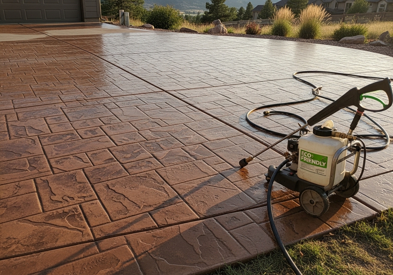 Clean stamped concrete driveway and patio in Boulder after pressure washing, with restored color and texture