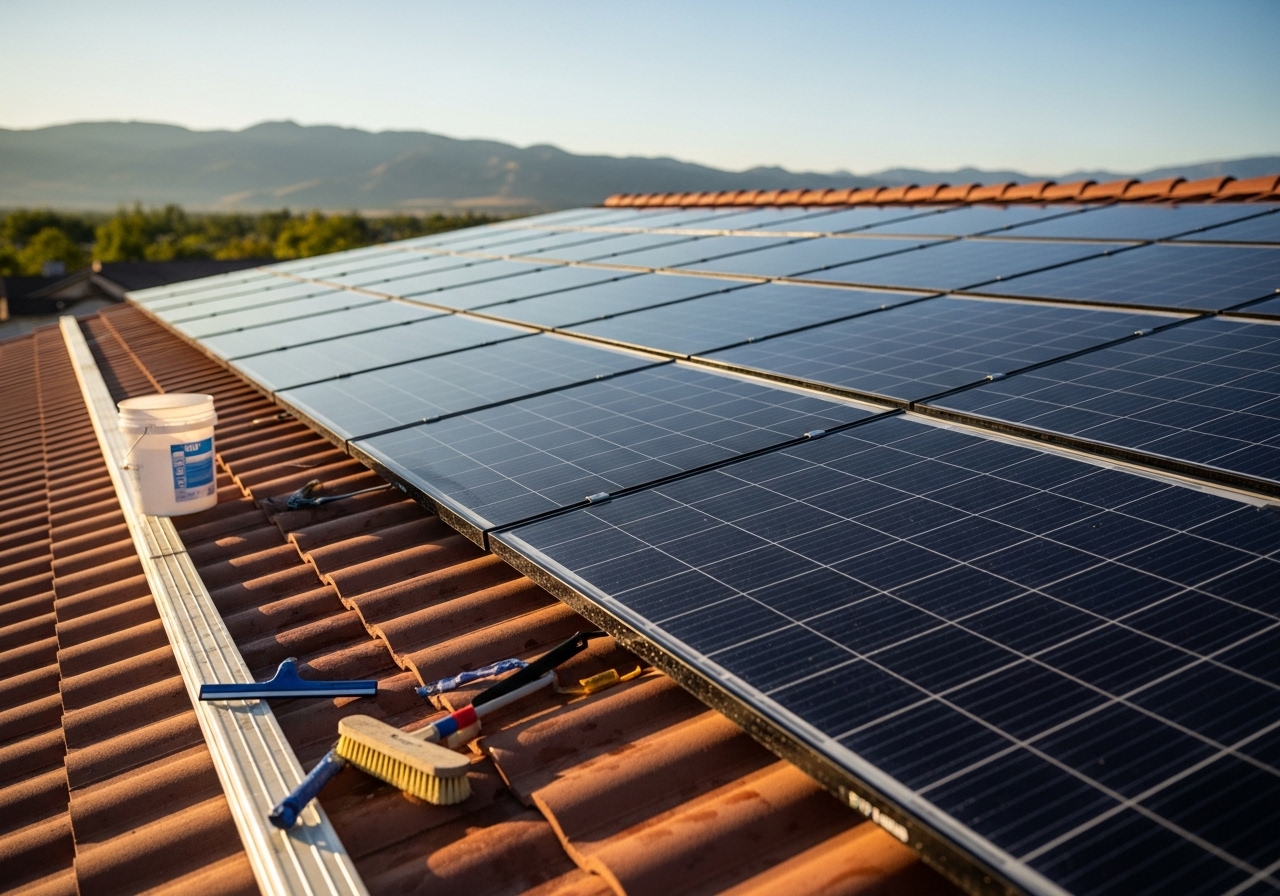 Residential solar panels on an Erie rooftop after professional cleaning, reflecting sunlight clearly