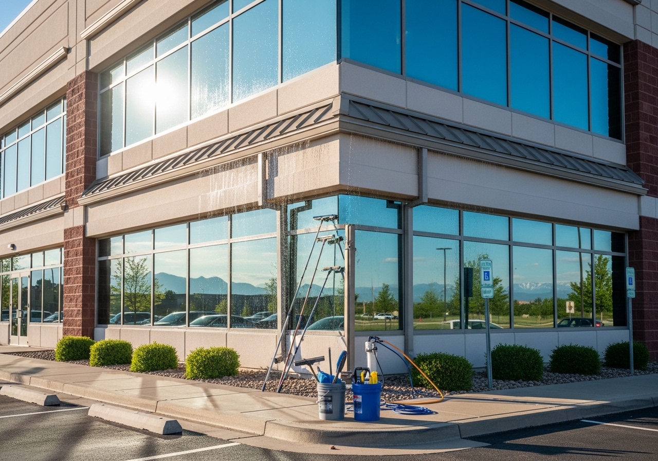 Multi-story commercial office building in Longmont with clean windows and maintained gutters
