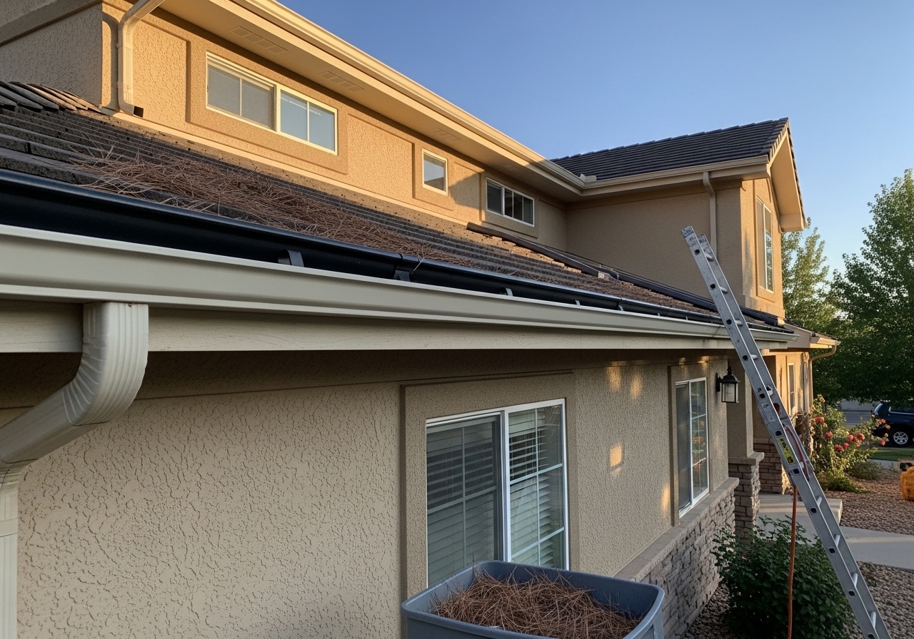 Cleaned gutters on a multi-building residential complex in Longmont with gutter guards installed