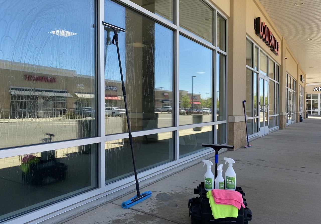 Sparkling storefront windows at a Louisville retail plaza with clear reflections and no streaks