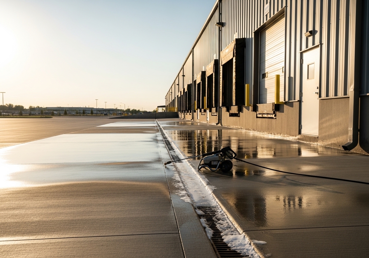 Clean concrete loading dock and warehouse exterior in Louisville after professional pressure washing