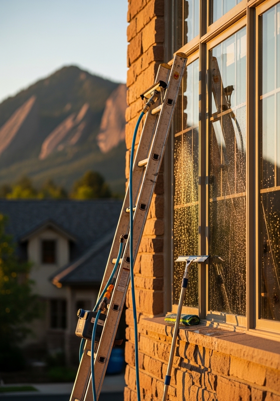 Window cleaner using purified water system on residential home in Boulder with mountain backdrop.