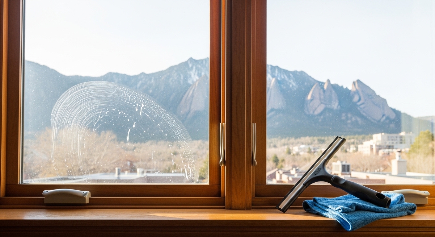 Sparkling clean window pane with mountain view of Boulder's Flatirons visible through crystal-clear glass.