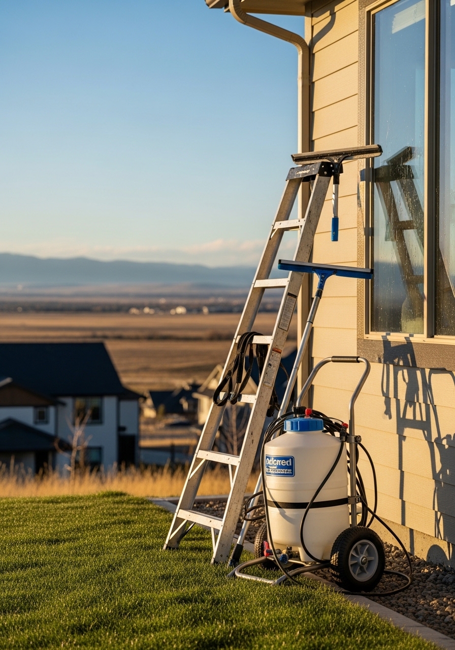 Window cleaner working on Erie property with purified water equipment and open Colorado landscape background.