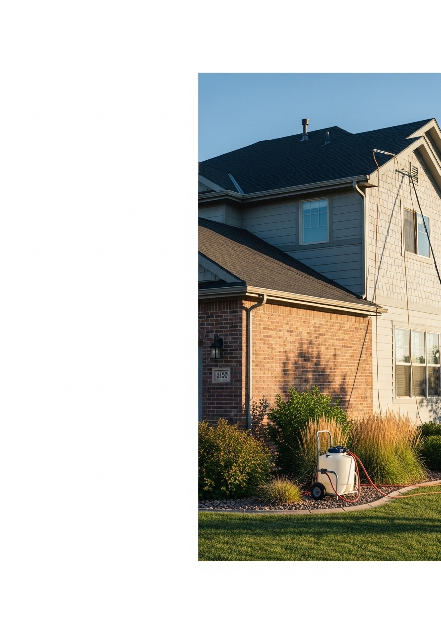Residential window cleaning in progress on Longmont home showing purified water system in use.