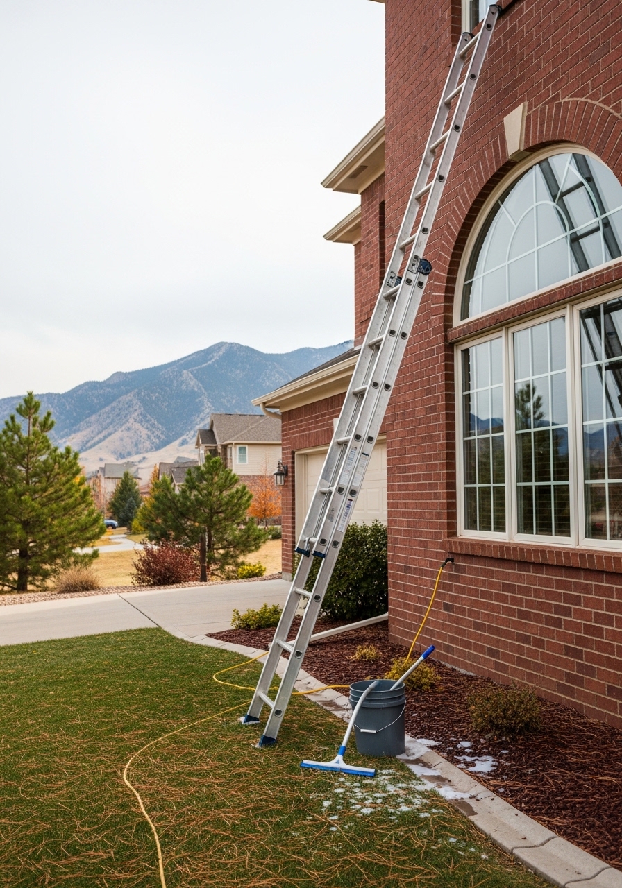 Professional window cleaner on ladder at Louisville residential property with clear blue sky background.