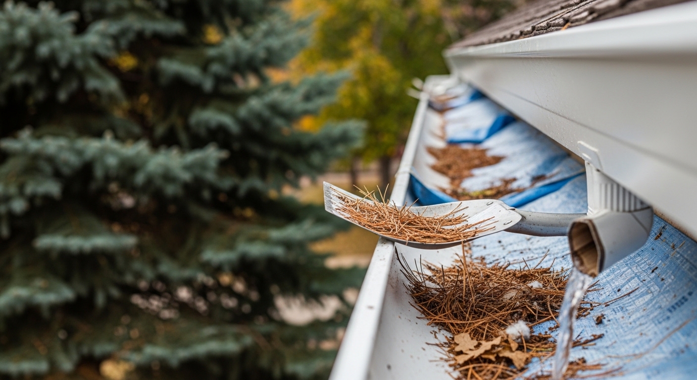 A technician removing wet leaves and cottonwood debris from a residential gutter on a Boulder, CO home. Clean downspouts and cleared gutters visible along the roofline after service.