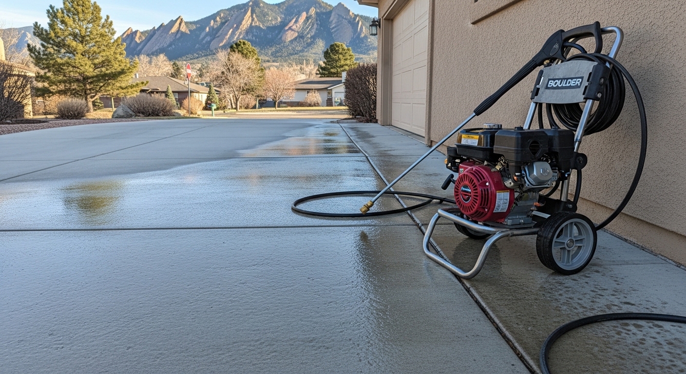 A pressure washer cleaning a concrete driveway at a residential property in Boulder, CO, removing dark staining and dirt buildup. The surrounding landscaping and home exterior are visible in the background against a clear Colorado sky.