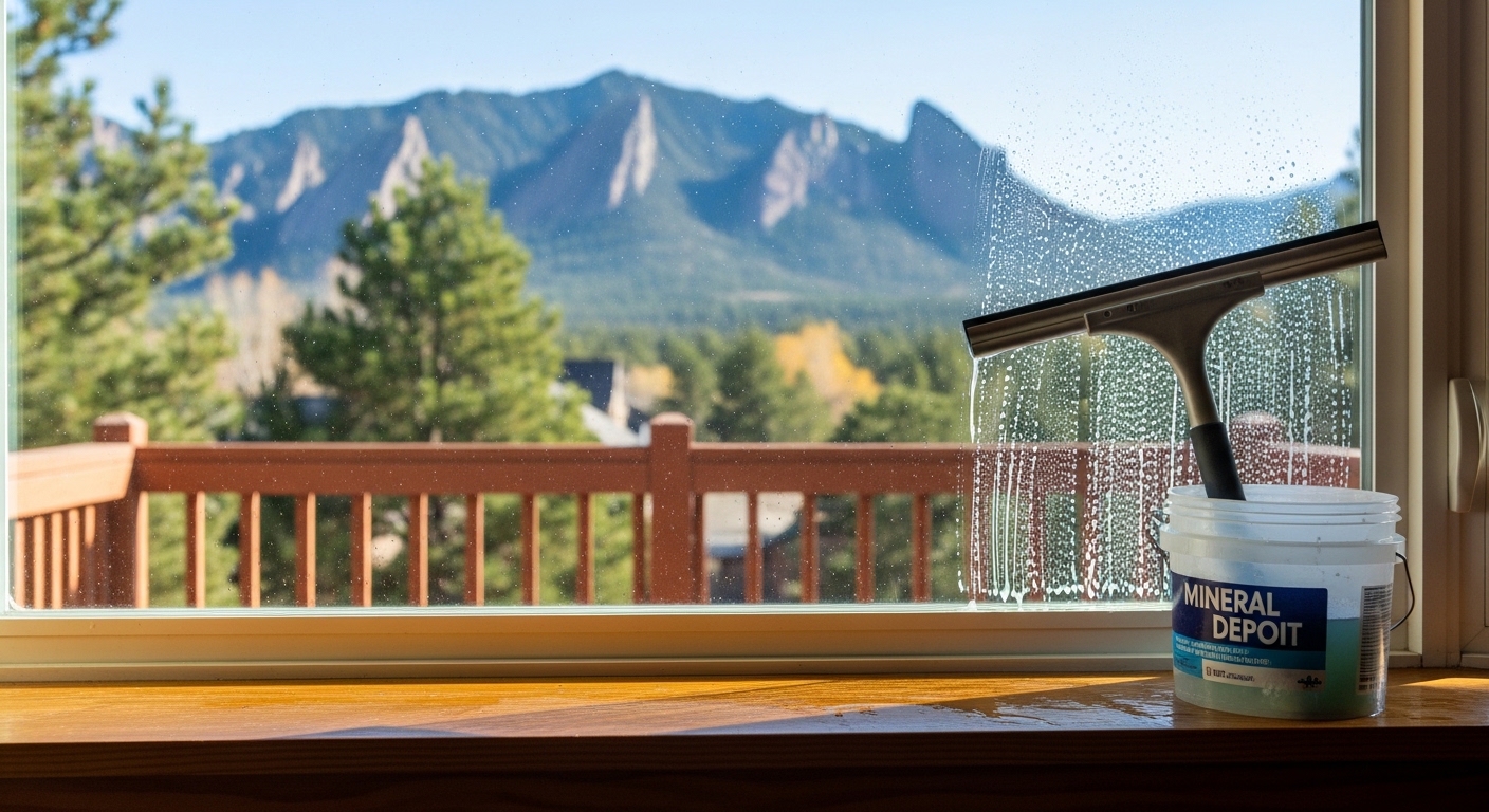 A technician cleaning the exterior windows of a multi-story Boulder, CO home with the Flatirons visible in the background. Close-up view shows streak-free glass and clean window frames after hard water spot removal.