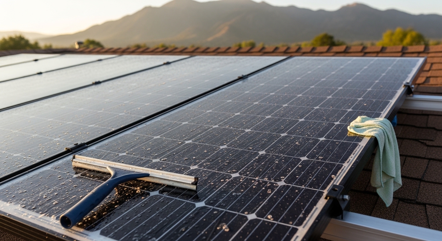 A technician cleaning rooftop solar panels on a residential home in Boulder, CO, with the Flatirons visible in the background. The panels show a clear contrast between the cleaned sections and the dust-coated areas before treatment.